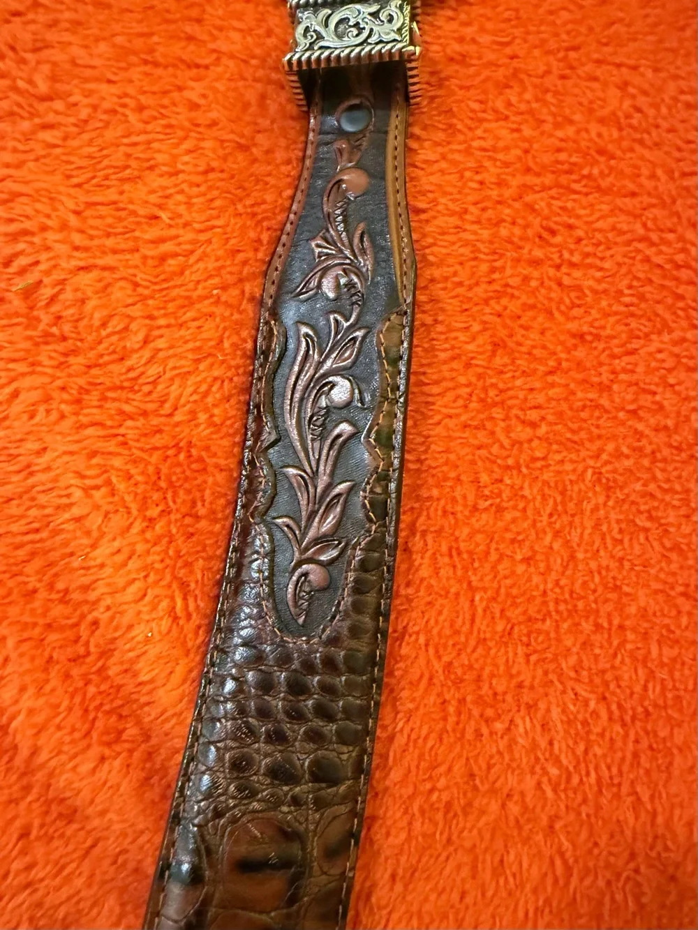Tony Lama Western Leather Belt Size 42 Tooled Brown Silver Star Buckle EUC